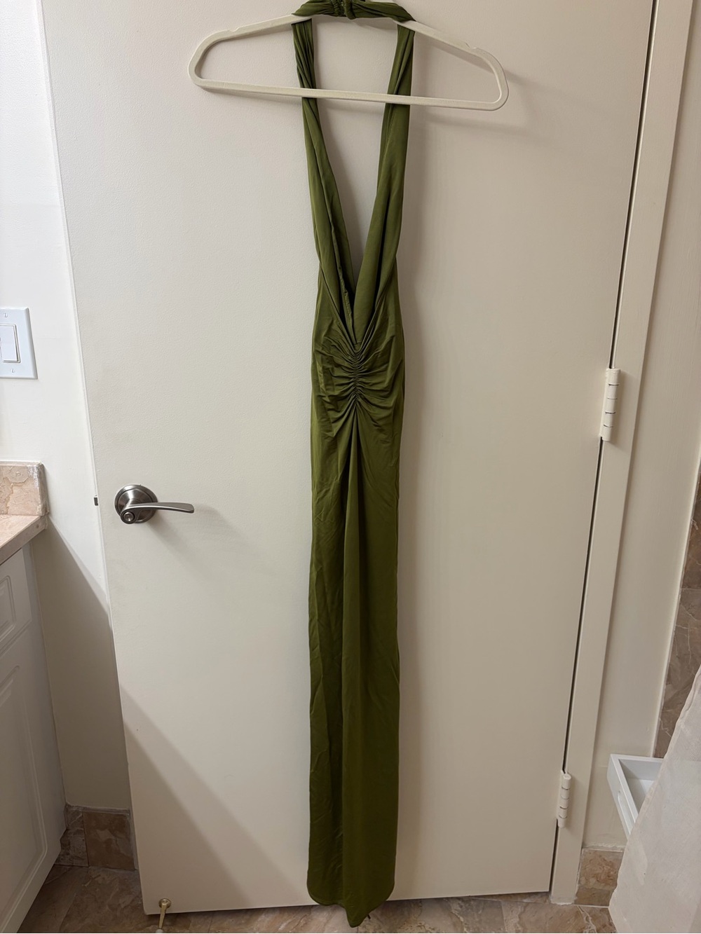 Lovers and Friends Olive Green Halter Maxi Dress - Sleeveless Ruched Front